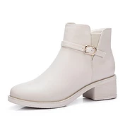 佳燦女鞋 冬季新款百搭低跟短筒靴子 白色粗跟短靴子女
